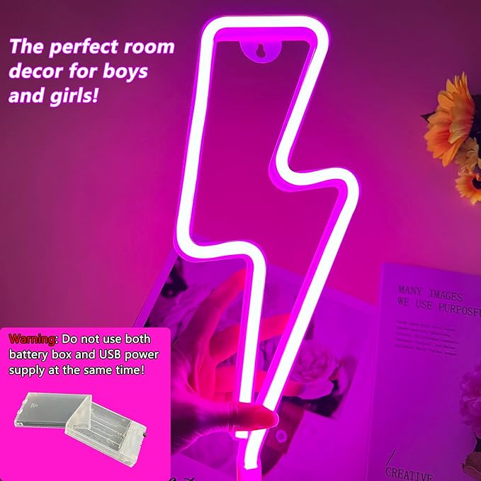 Neon Signs Lightning Bolt Neon Light Sign for Wall Decor, Battery or USB Powered Led Lightning Light Neon Sign for Bedroom,Kids Room,Birthday,Party,Wedding,Home,Kids Decorations Pink