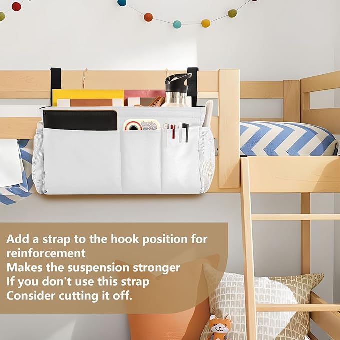 DOMIKING White Bedside Caddy for Dorm Bed Recliner Armrest Organizer with Hooks Haning Holders for Bunk Bed Rails Headboards