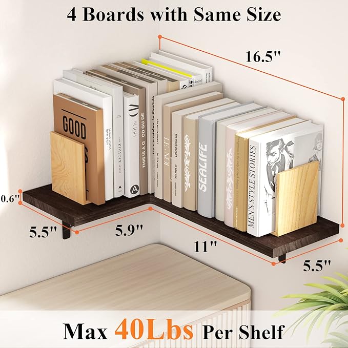 Love-KANKEI Corner Shelf Wall Mounted Set of 4, Floating Wall Shelves for Storage, Rustic Wood Hanging Shelves for Bathroom Kitchen Bedroom Living Room Display, Dark Brown
