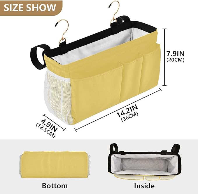 Lemon Yellow Bedside Caddy Storage Bag Bedside Organizer for Dorm Room Top Bunk Bed Hanging Bag Bedside Shelf 6 Pockets with Hooks for Glasses Book Tablet Holder