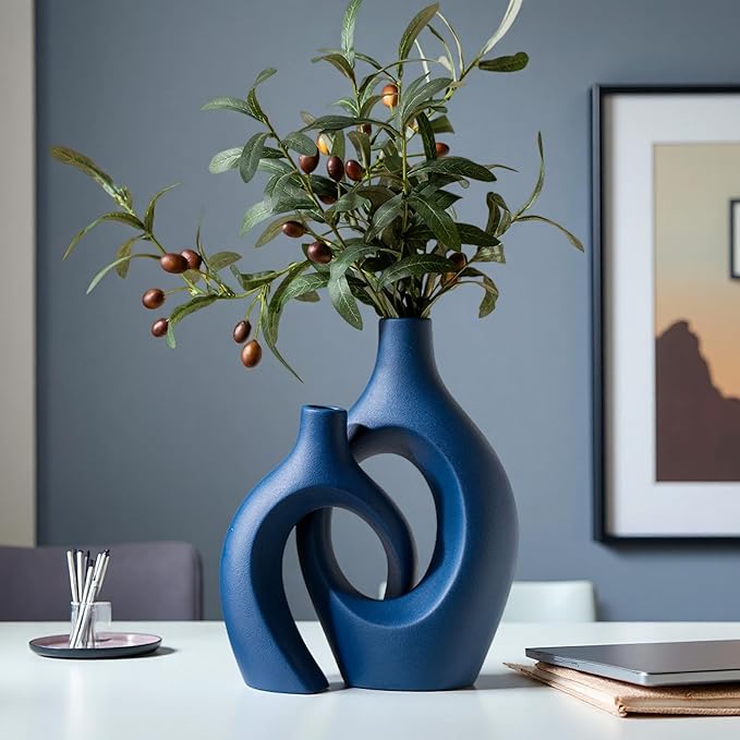 Liotww Snuggle Hollow Ceramic Vase Set of 2, 11 inch Hug Donut Modern Nordic Boho Style Vases for Home Decor Anthropologie Aesthetic Living Room Shelf Entryway Table Decorative (Navy Blue)