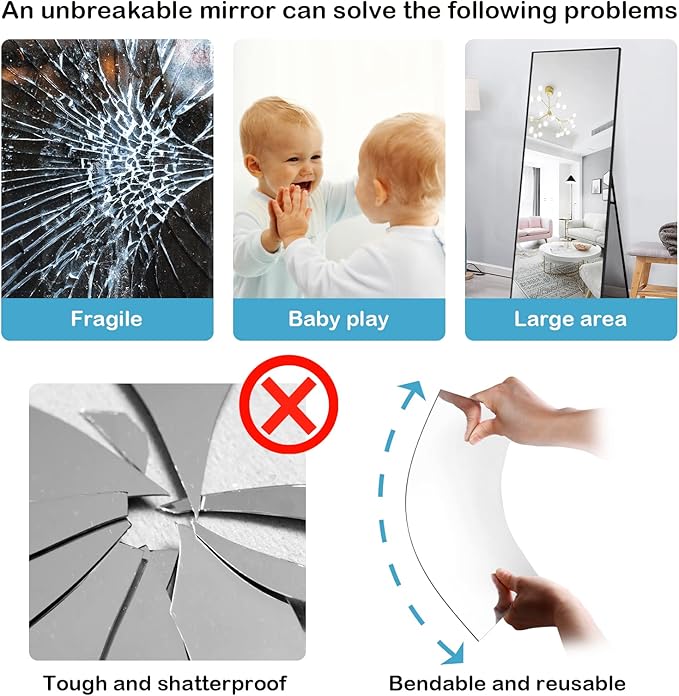 SLDIYWOW Wall Mirror Full Length, 4Pcs Full Body Mirror for Bedroom, Safety Unbreakable Mirror Great for Baby Kids Toddler, Full Body Mirror Tiles for Bedroom, Home Gym, Living Room