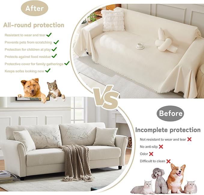 HANDONTIME Beige Sofa Cover with Tassels, Soft & Thick Couch Slipcover for 3 Cushion Sofa Pet-Friendly, Chenille Pet Covers for Couches and Sofas Washable, Cream Sectional Sofa Protector, 91"x118"