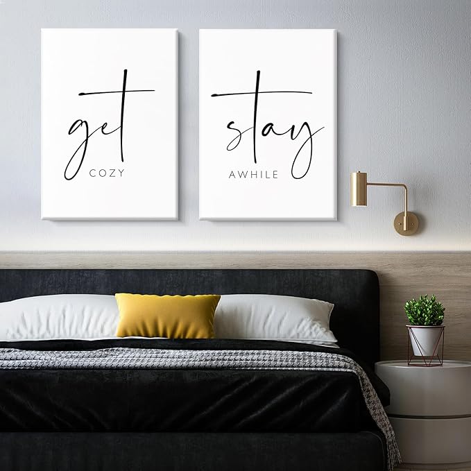 Pennclys Get Cozy Wall Art Decor Stay Awhile Sign Canvas Above Bed Wall Art Guest Bedroom Decor Lets Stay in Bed Pictures Modern Painting Artwork for Living Room Guest Room 16x24x2 Inch Ready to Hang