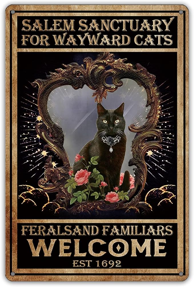QIONGQI Vintage Witch Cat Metal Tin Sign Wall Decor Retro Black Cat Witchy Art Signs for Home Decor Gifts