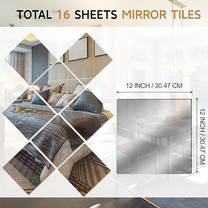 12" x 12" Acrylic Flexible Mirror Sheets, 16 Pack Self Adhesive Mirror Tiles Square Cuttable Mirror Wall Stickers, Non-Glass Plastic Mirror Stickers Safety Reflective for DIY Craft Home Wall Decor