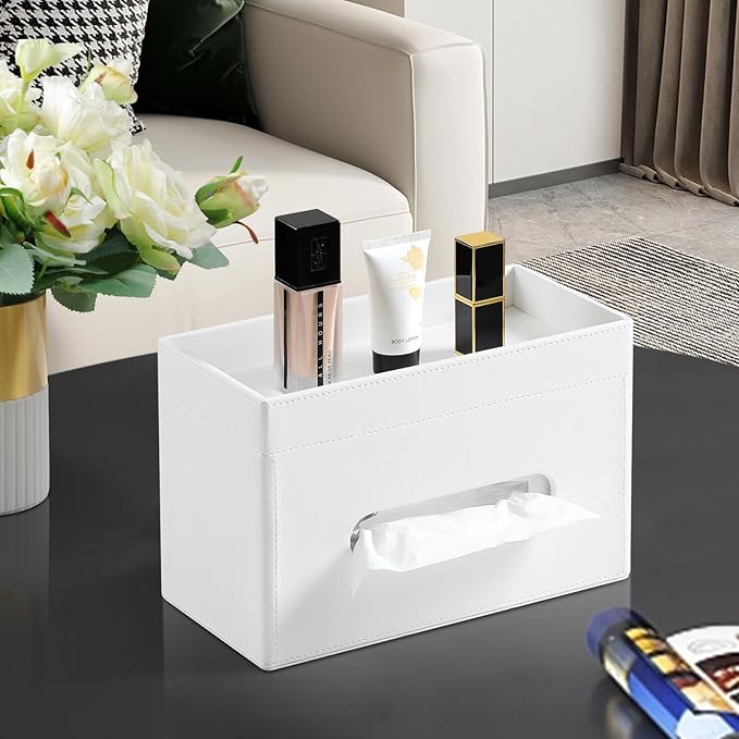 Plus Size Tissue Box Cover Rectangle, PU Leather Tissue Box Holder with Storage Tray, Decorative Organizer Tissue Holder for Bathroom, Bedroom Dresser, Night Stand, Office (Cream-White)