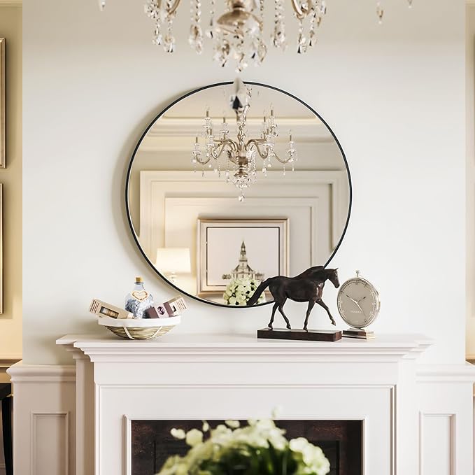 Growsun 42'' Large Round Mirror Bathroom Mirror for Wall, Metal Frame Round Mirror for Fireplace Living Room Wall Decor, Black Frame