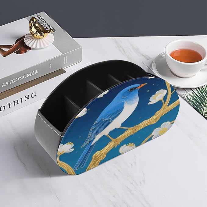 Blue Bird Flower Remote Control Holder Organizer Box with 5 Compartment PU Leather Bedside Storage Caddy Remote Organizer for Controller Media Player Pen/Pencil Storage