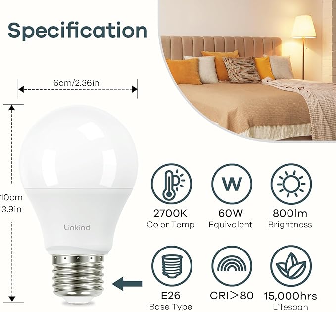 Linkind A19 LED Light Bulb, 60W Equivalent, 2700K Soft White Light Bulbs, 800 Lumens 8.5W Non-Dimmable LED Bulbs, E26 Standard Base, Energy Efficient for Bedroom Home Office, 4 Packs