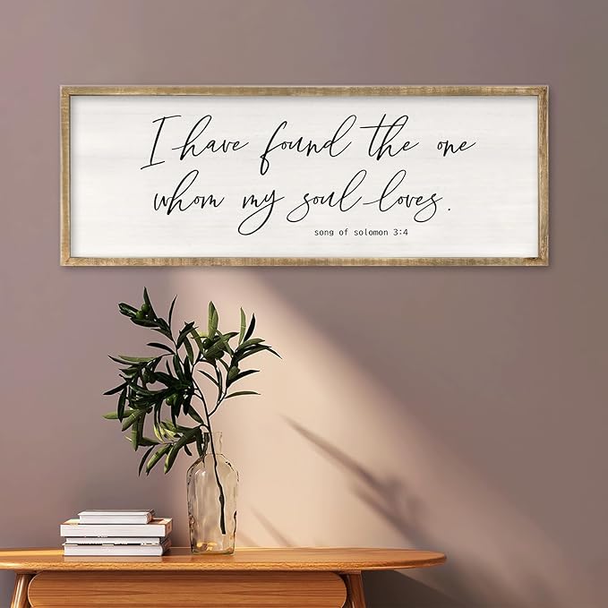 RLWangChao Inspirational Christian Wall Decor I Have Found the One Whom My Soul Loves Sign 32×12 Inch Song of Solomon 3:4 for Master Bedroom Above Over Bed Large Wood Framed Wall Hanging Art (Wood)