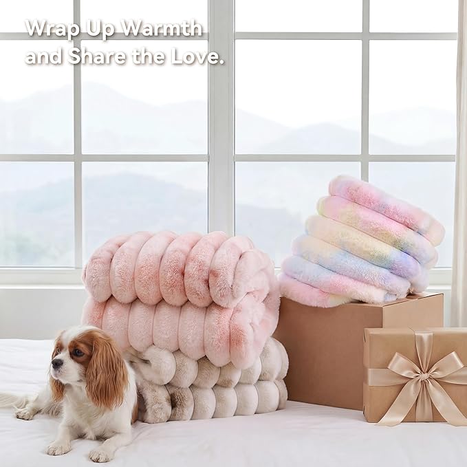 Smoofy Fluffy Faux Fur Throw Blanket - Super Soft Thick Plush Cozy Fuzzy Rabbit Fur, Luxury Warm Fleece Minky Stripe Blanket for Couch, Sofa, Room Decor Gift for Women, Colorful Rainbow Throw, 50x60