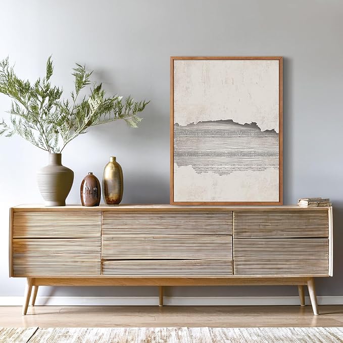 CHDITB Abstract Minimalist Framed Canvas Wall Art Set Of 3, Modern Mid Century Wall Decor, Geometric Line Textured Inspired Artwork, Neutral Art Print For Living Room Office Bedroom Decor (12X16 Inch)