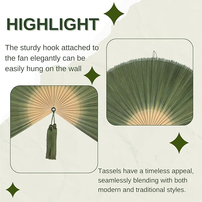 ChumDecor Fan Wall Decor,Large Bamboo Fan Wall Art for Boho Hanging Headboard,Decorative Folding Fans for Over Bed Decorations (Dark Moss Green 31inch)