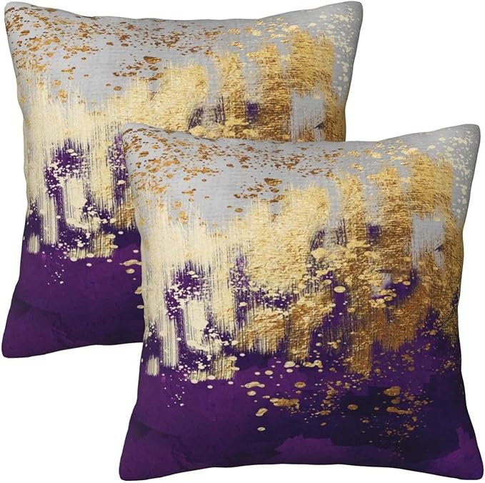 Purple and Gold Abstract Art Throw Pillow Covers, 18x18 Inch, Gold Purple Decorative Pillows for Couch Living Room Bedroom Sofa Decor, Luxury Modern Art Pillowcase Cushion Covers