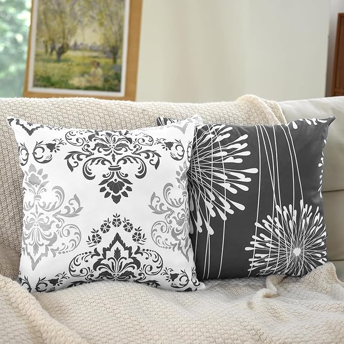 Coliuso Decorative Throw Pillow Covers 16x16 Set of 4, Dark Grey and White Modern Simple Square Pillow Case Cushion Cover for Sofa Couch Farmhouse Outdoor Living Room