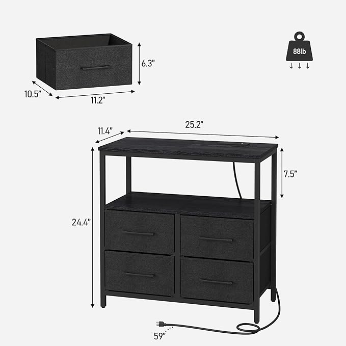 TUTOTAK LED Night Stand with Charging Station, Large Nightstand with USB and Type-C Port, Bedside Table with Cloth Drawers, End Table for Livingroom, Bedroom, Black TB01BK081L