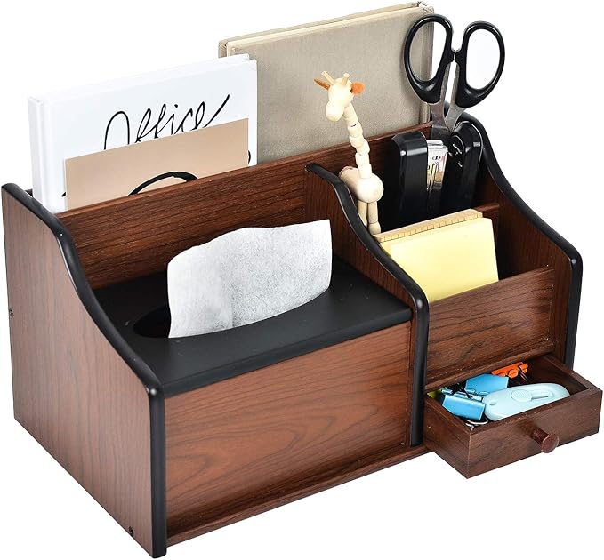 Cherry Brown Wood Desk Organizer Tissue Box Lid Multiple Slots Drawer Tabletop Storage Cabinet Solid Wood Phone Tablet Remote Control Holder Office Supplies Caddy Accessory Sorter Home