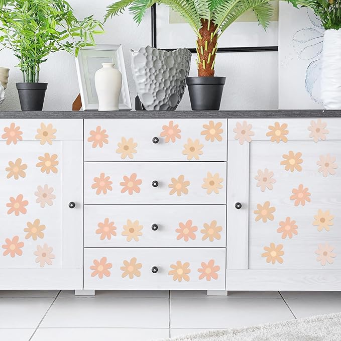 BBTO Daisy Wall Decal Flower Vinyl Wall Decals Daisy Stickers Floral Decals Peel and Stick for Nursery Art Bedroom Living Room(Simple Style,Warm Color)