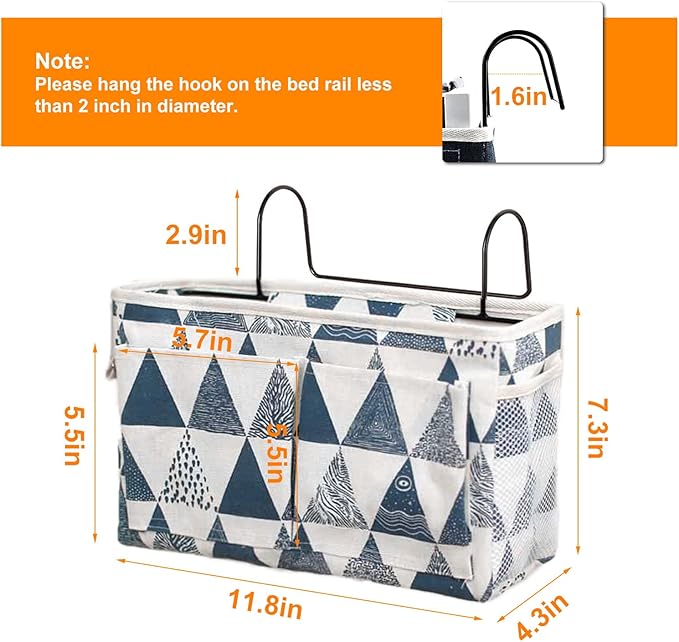 Surblue Bedside Caddy Bedside Storage Bag Hanging Organizer for Bunk, Hospital Beds, Dorm Rooms Bed Rails Camp 4 Pockets and 2 Hooks (Blue Triangle)