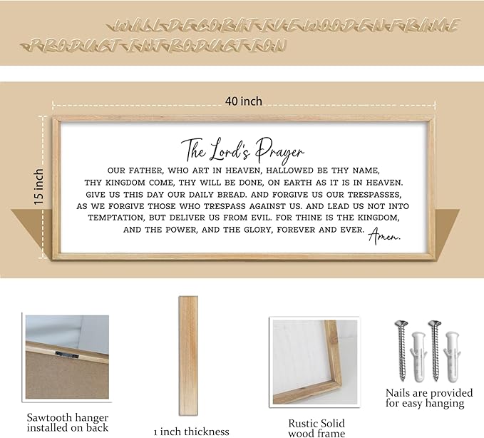 comurdyo The Lords Prayer Our Father Sign Wall Decor 40"X15" Bible Verse Quotes Christian Scripture Large Catholic Inspirational Wooden Framed Wall Hanging Art (Wood)