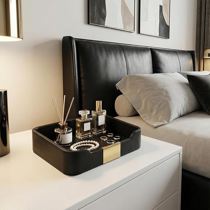 Luxury Leather Valet Tray Desktop Storage Organizer, Bedside Vanity Catchall Tray Nightstand Caddy Holder for Cosmetic, Jewelry, Watch, Keys, Phone,Wallet, Remote Controller, Pen (Black)