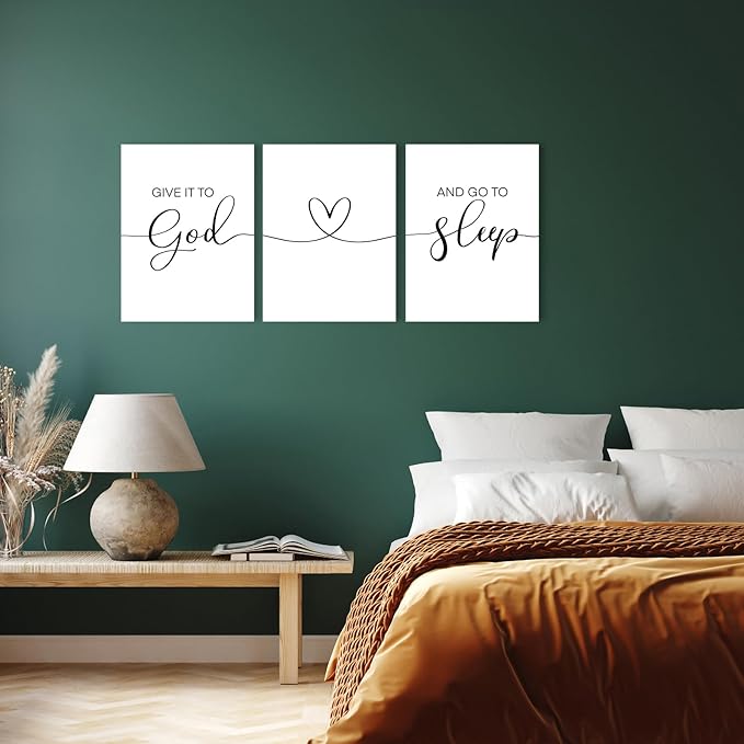 Give It To God And Go To Sleep Wall Art: Modern Farmhouse Bedroom Signs Decor for Couples,Aesthetic Minimalist Bedroom Pictures Wall Decor Above Bed Hanging Wall Plaques 12x16 Inch,Set of 3