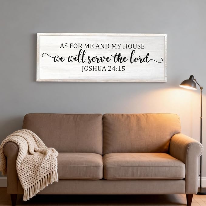 As For Me And My House We Will Serve The Lord Framed Wall Art, 40''×15'' Positive Religious Rustic Bible Verse for Christian God Jesus Christ Prayer, Vintage Horizontal Holy Catholic Scripture Decor