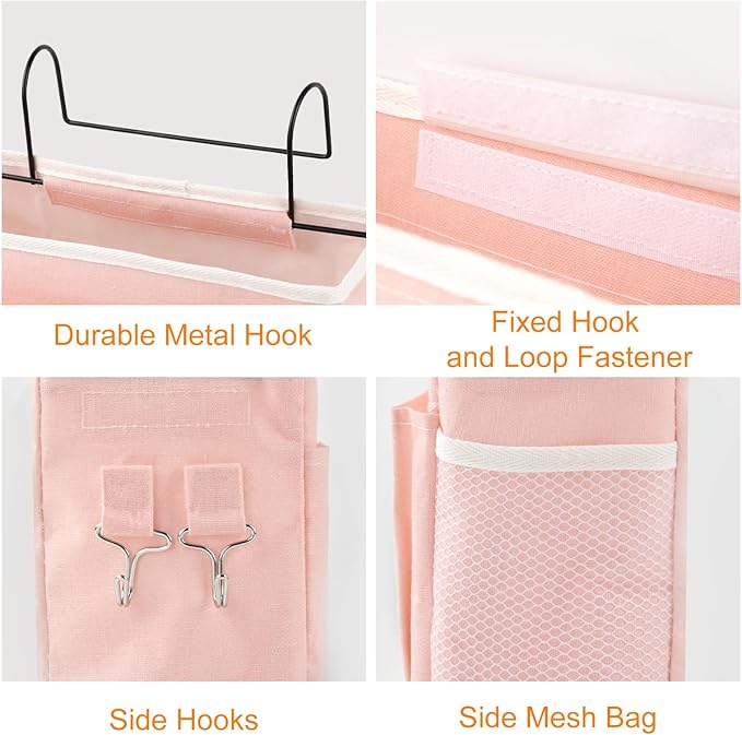 Surblue Bedside Caddy Bedside Storage Bag Hanging Organizer for Bunk, Hospital Beds, Dorm Rooms Bed Rails Camp 4 Pockets and 2 Hooks (Pink)