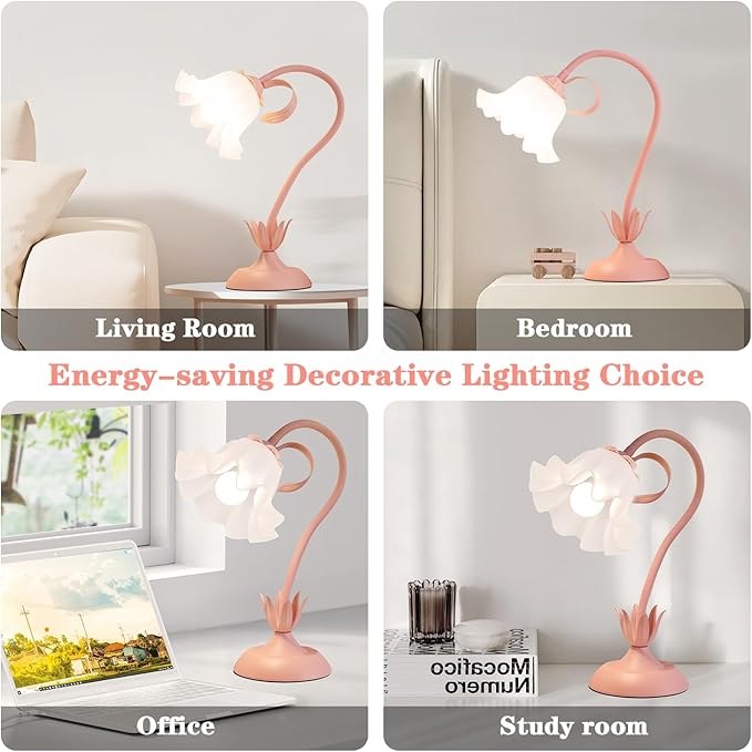 Flower Table Lamp, LED Reading Light Vintage Bedside Table Lamp with 3 Color Modes for Nightstand, Kawaii Decoration for Home Bedroom Living Room (Pink)