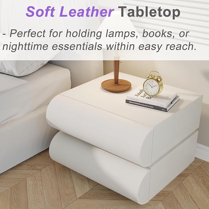 Modern Nightstand with Storage, Small End Table with Upholstered Leather Finish, 2 Solid Wood Drawers for Bedroom Bedside Couch