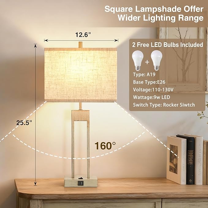 GyroVu Extra Large 25.5" Nightstand Table Lamps for Bedrooms Set of 2, Bedside Lamp with USB C+A, Colors Changeable Living Room Lamp, Modern Night Stand Lamps for Bed Side Reading, Antique White