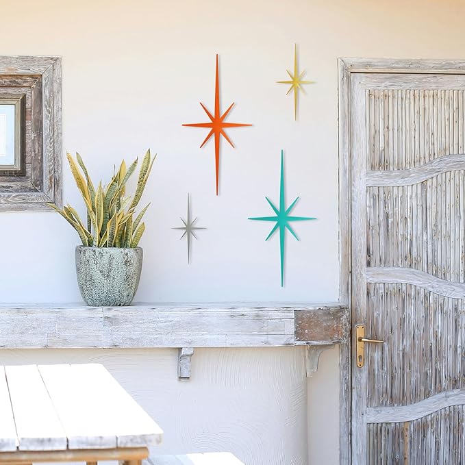 sxnzequnze 4 Pack Metal Star Wall Art 8 Pointed Starburst Wall Decor Set with 2 Large & 2 Small Pieces Mid Century Celestial Metal Wall Sculpture for Bedroom Living Room Office Gallery Wall