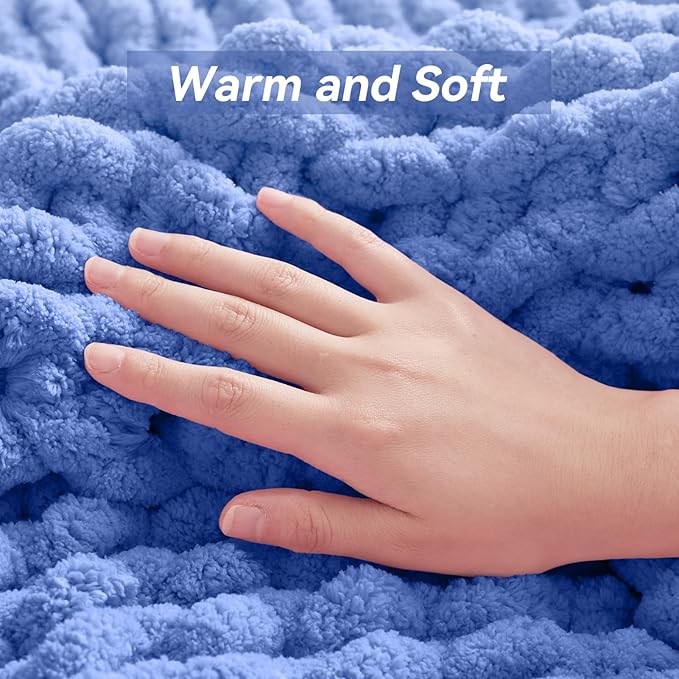 Chunky Knit Throw Blanket, 80''*90'' Knitted Throw Chenille Yarn for Bed Couch, Handmade Light Blue Crochet Big Thick Blanket, Machine Washable Cute Comfy Blanket for Home Decor