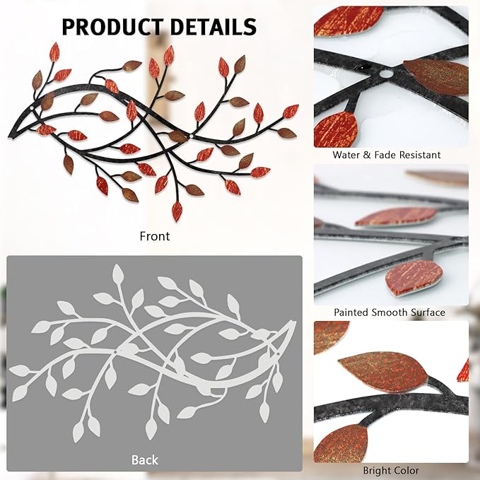 Meltset Metal Tree Leaf Wall Decor, Vine Olive Leaf Branch Wall Art, Wrought Iron Scroll Artwork, Decorative Wall Sculptures Above The Bed, Living Room, Hallway, Indoor and Outdoor（S/Red）