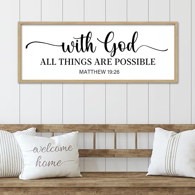 With God All Things Are Possible Sign Wall Decor 40"×15" Matthew 19:26 Bible Verse Jesus Religious Christian Scripture Prayer Large Wooden Framed Wall Hanging Art (Wood)