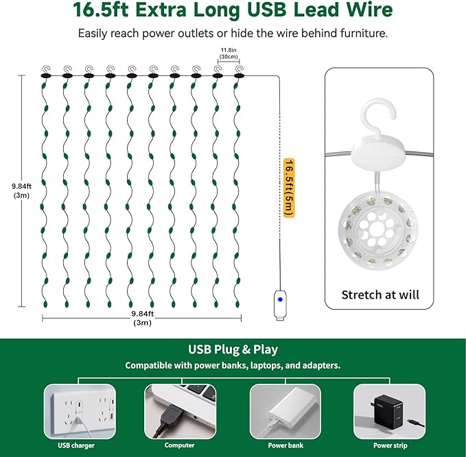 HXWEIYE 300LED Untangled Curtain Lights, 9.8x9.8Ft USB Fairy Twinkle String Lights with Remote and DIY Timer, 8 Modes Window Wall Hanging Light for Bedroom Dorm Backdrop Room Decor, Green