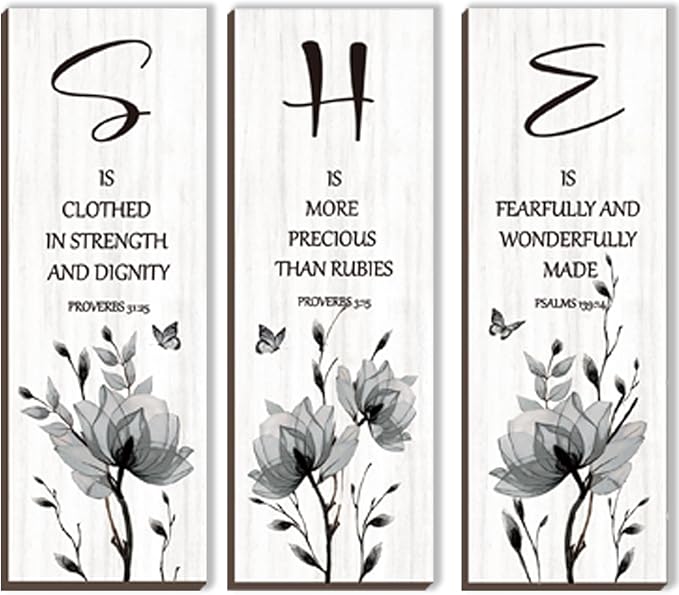 DONFENTHY 3 Pieces Inspirational Black Floral Wall Decor Wooden Hanging Wall Art Christian Quotes SHE Word Sign Black White Wall Art Gift for Girl Teen Women Bedroom Bathroom Office (Black 12x4 Inch)