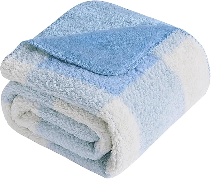 LURKA Checkered Sherpa Fleece Throw Blanket – Soft and Cozy, Medium Weight for All Season, Plush Throw for Couch, Bed & Pets, Glacier, 50x60 Inches