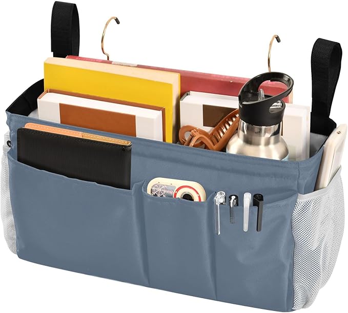DOMIKING Dusty Blue Bedside Caddy for Dorm Bed Recliner Armrest Organizer with Hooks Haning Holder for Magazine Tablet Phone