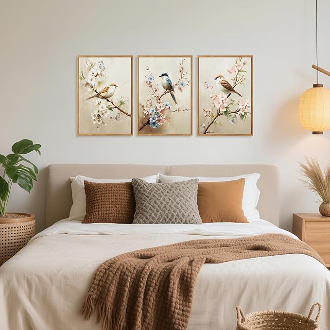 CHDITB Bird and Blossom Framed Canvas Wall Art Set Of 3, Vintage Floral Wall Decor, Retro Nature Avian Floral Wall Painting, Neutral Botanical Birds Art Prints for Dining Room Bedroom Decor 12”x16”