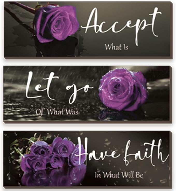 ZINYAZHE 3 Pcs Purple Wall Decor Inspirational Purple Bathroom Decor Wooden Rose Wall Art With Accept Let Go Have Faith Quotes For Girl Women Bathroom Bedroom Office(16 X 5Inch)