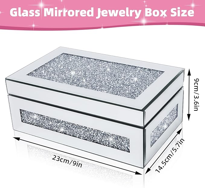 Glam Rhinestone Crystal Silver Glass Jewelry Box, Sparkly Blinged Out Mirror Jewelry Box for Women, Elegant Jewel Box for Romantic Gifting & Decorative Storage