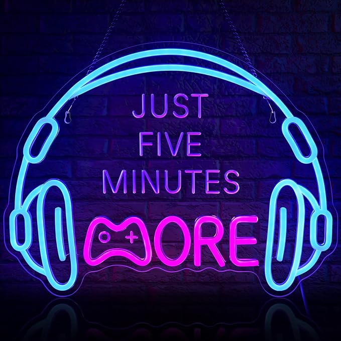 Gaming Neon Sign, Large Bright and Dimmable Colored LED Headset Gamer Neon Light and USB Powered Headphone Lightup Game Signs for Game Zone Video Room Boy Bedroom Wall Decor (Just Five Minutes More)