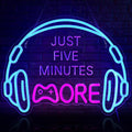 Gaming Neon Sign, Large Bright and Dimmable Colored LED Headset Gamer Neon Light and USB Powered Headphone Lightup Game Signs for Game Zone Video Room Boy Bedroom Wall Decor (Just Five Minutes More)