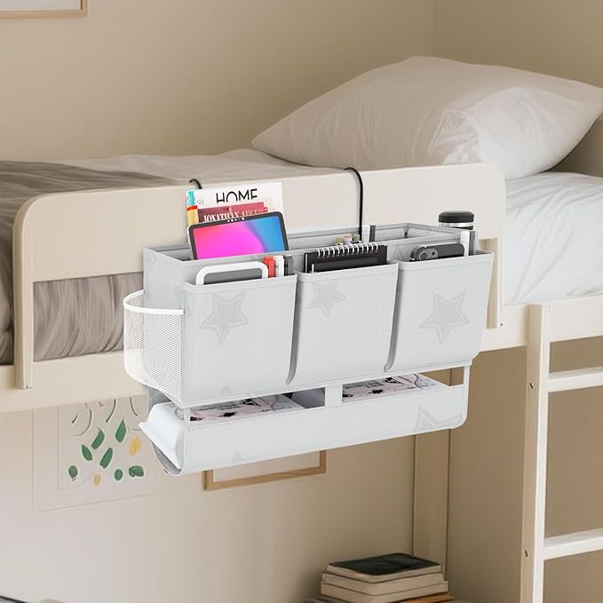 Bedside Caddy Bedside Organizer, Bed Storage Caddy with 7 Pockets, College Dorm Rooms Bag for Bunk, Home, Dorm, Hospital, Crib Bed (Grey)