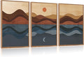 CHDITB Mid Century Modern Framed Canvas Wall Art, Boho Mountain Sun Moon Wall Decor, Abstract Nature Ocean Landscape Artwork, Minimalist Geometric Wave Posters for Living Room Bedroom Office 16"x24"x3