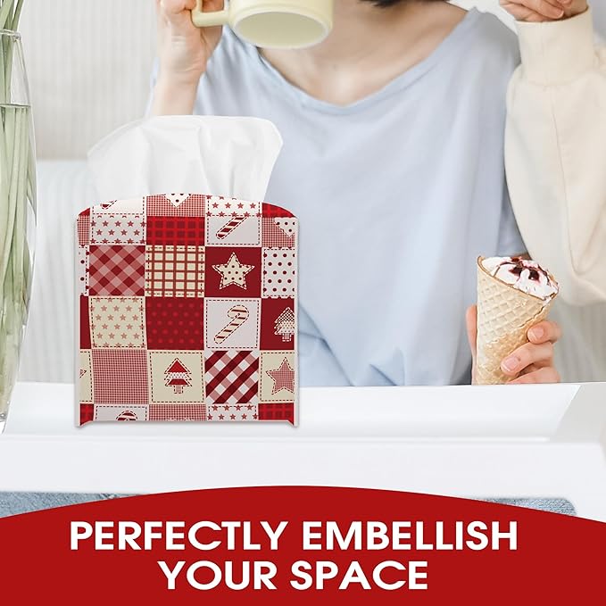 Christmas Patchwork Print Design Tissue Box Cover Holder, Cute Waterproof Tissue Box Cover Square, Xmas Gift Ideas for Family Friends, Bathroom Kitchen Car Office Home Decor(5.2 Inches)-B19