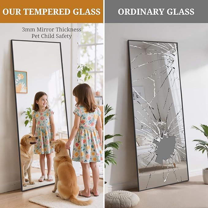 Full Length Mirror 64"x21" Full Body Mirror Rectangle Free Standing Wall Mounted Leaning Floor Mirrors with Stand Aluminum Alloy Frame for Bedroom Cloakroom, Black