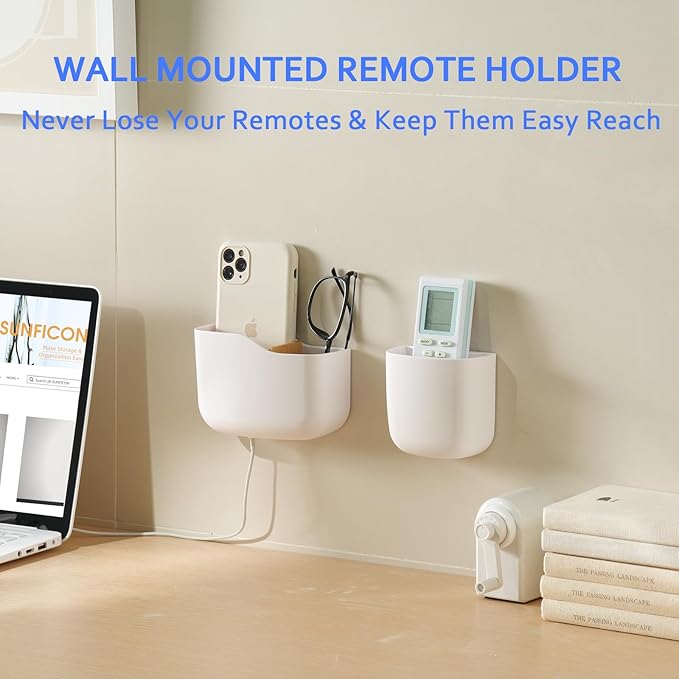 SUNFICON Wall Mount Remote Holder TV FAN Remote Control Holder Bedside Caddy Wall Organizer Phone Holder for Office Adhesive Media Player Controller Holder Box Tray Home Desk Nightstand White 3 Small